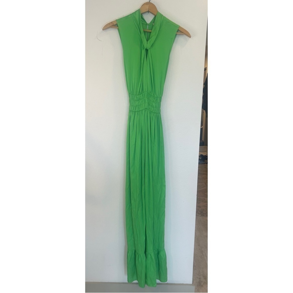 NOUVELLE SILK95FIVE Costantia Silk Maxi Dress Green Tie Keyhole Quiet Luxury S - Picture 5 of 13